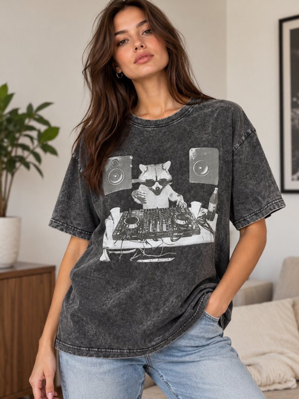 Digiprint Raccoon DJ Graphic Tee M Acid Wash Gray Cotton Oversized T-Shirt